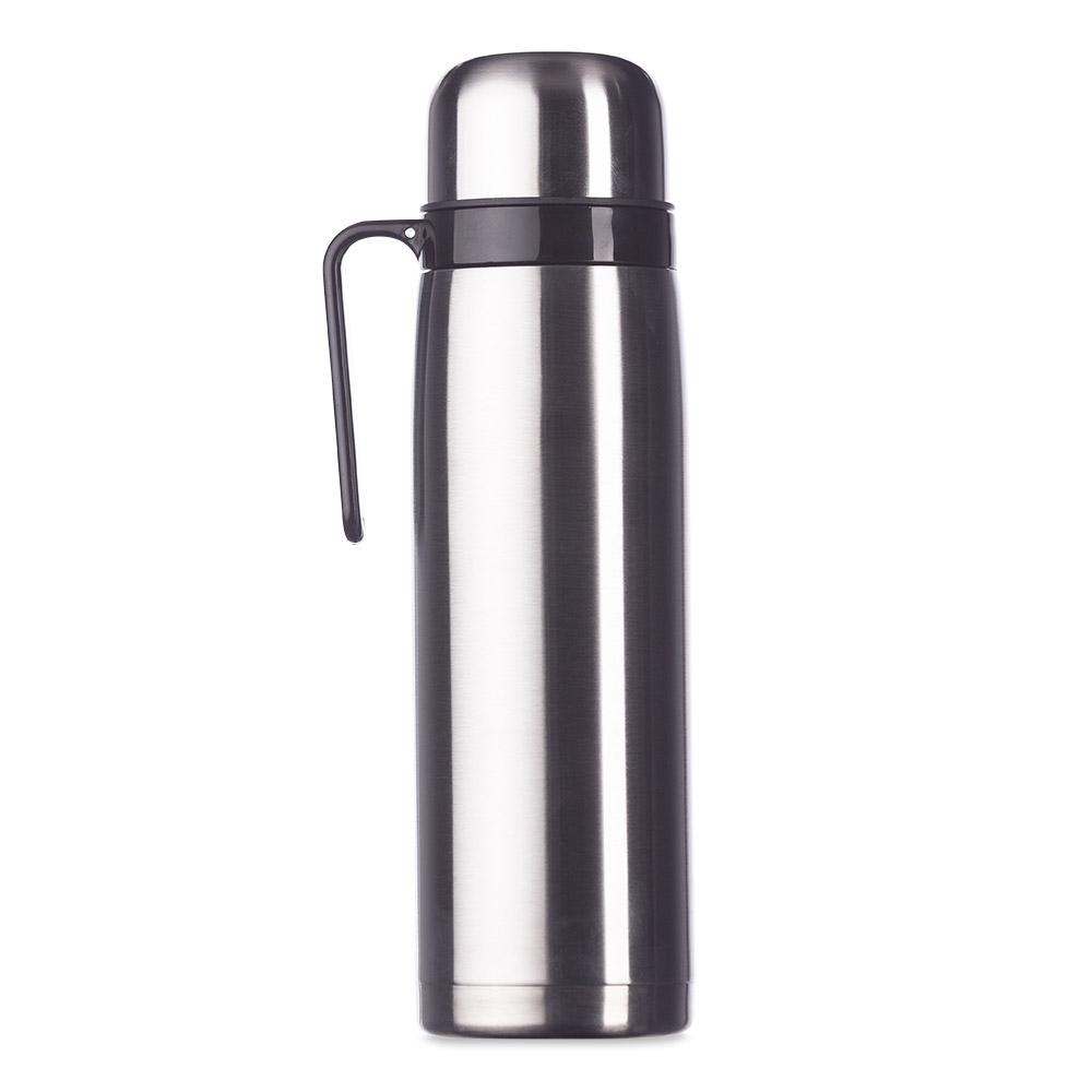 Garrafa térmica 1 litro em inox com alça plástica preta Brinde